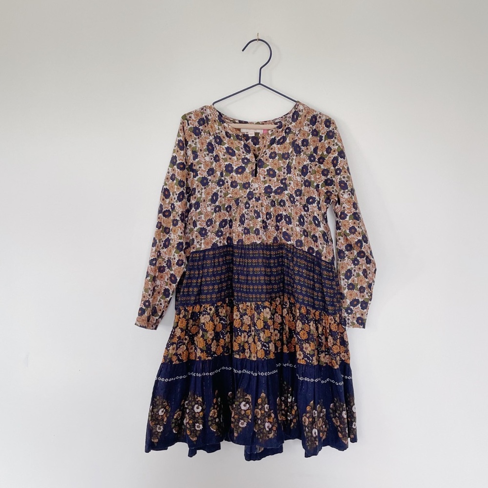 Pink Chicken Floral Tiered Long-Sleeve Dress in Navy and Mustard